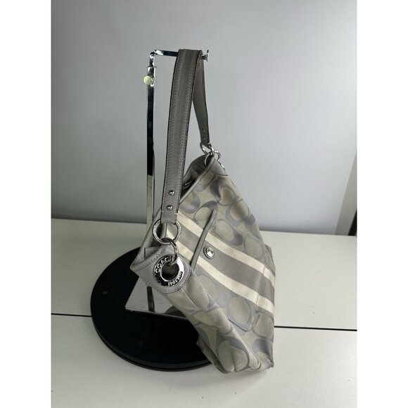 DAMAGED Coach Signature C Monogram Medium Tote Gray White Stripe Down Middle - Picture 3 of 15